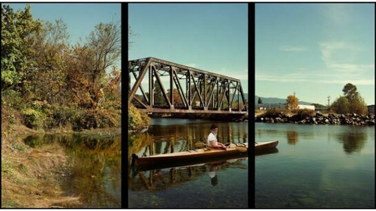 Rodney Graham, Paddler, Mouth of the Seymour, 2012 – 2013, Painted aluminium lightboxes with transmounted chromogenic transparencies; triptych, 304 x 546 x 18 cm / 119 5/8 x 215 x 7 1/8 in, © Rodney Graham, Courtesy the artist and Hauser & Wirth