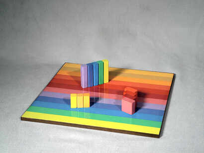 Judy Chicago, Multicolor rearrangeable game board (detail), 1965-1966, Acrylic on wood, 18 x 18 in / 45.72 x 45.72 cm, © Chicago Woodman LLC, Judy Chicago/Artist Rights Society (ARS), New York; Photo © Chicago Woodman LLC; Donald Woodman/Artists Rights Society, New York