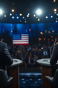 An AI-generated image depicts a TV duel between Donald Trump and Kamala Harris on stage