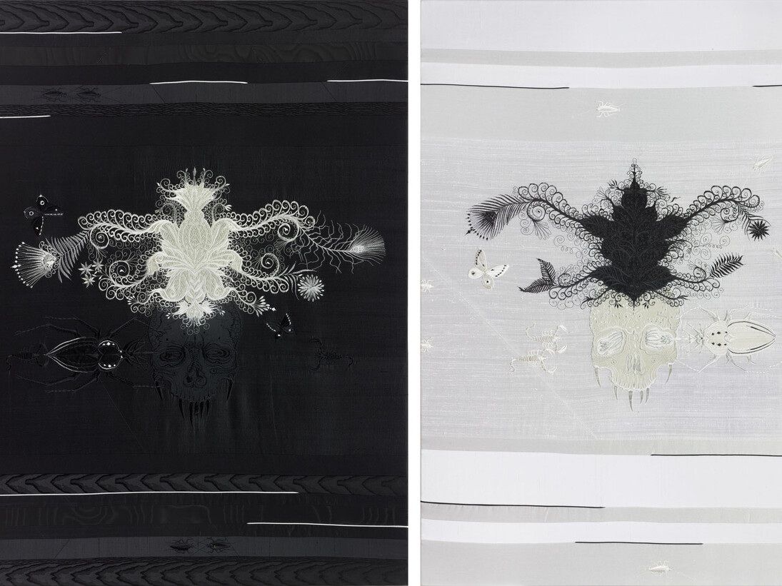 Angelo Filomeno, Amulet (Black and White), 2012, ricamo e cristalli su seta applicata su lino, cm 102,2x 75,6. Courtesy of Galleria Giovanni Bonelli 