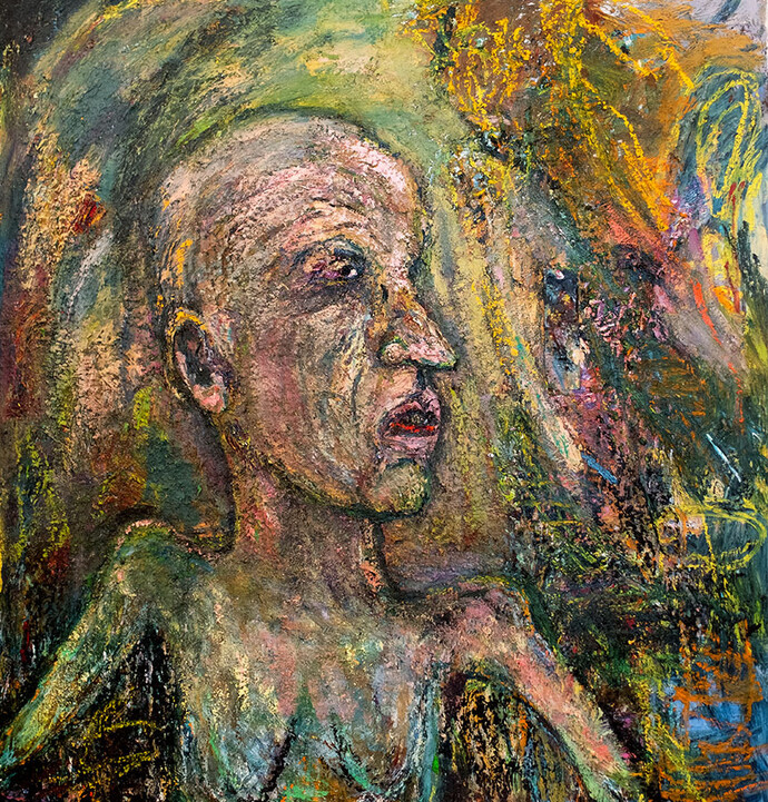 Miriam Beerman, Shower II, 1999, 68x60 inches, oil on canvas, mixed media
