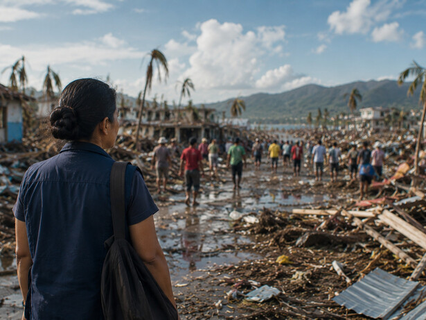 A social worker walking through debris and broken homes, reflecting the responsibility to listen, support, and rebuild