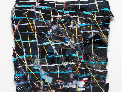 Todd Knopke, Radiance, 2015, fabric, thread, wood, wood burnt by fire, rocks, shell, necklace gem, 19.5 x 13.5 x 2 inches
