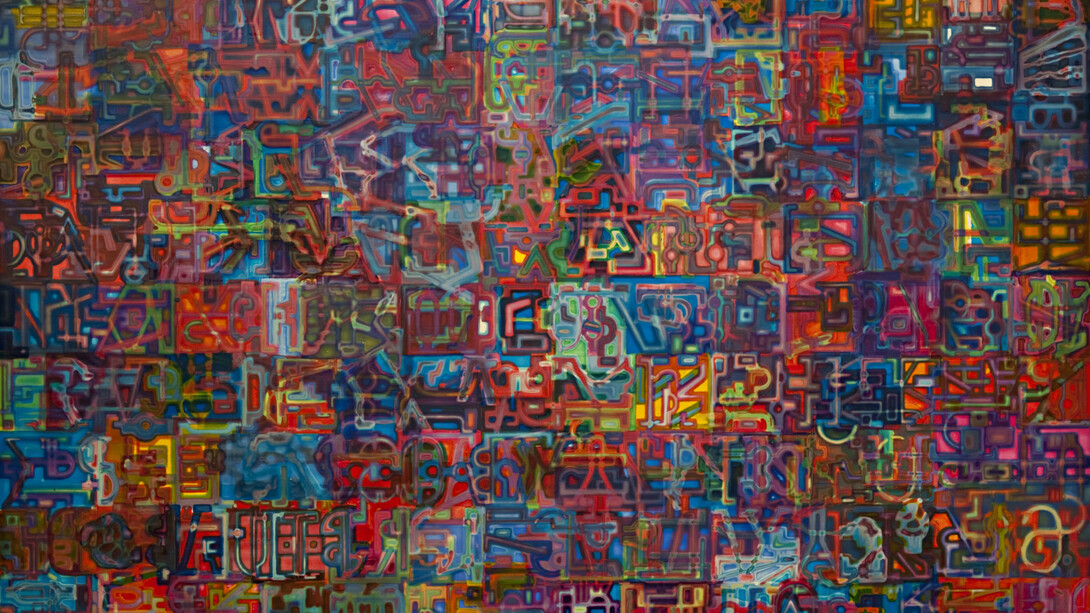 Phil Dobson, Gardening With Gutenberg, acrylic on board, 154 x 176 cm, © ArtMoorHouse