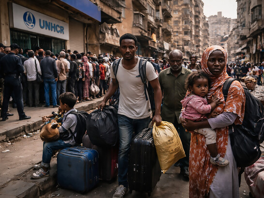 Sudanese refugees carrying their belongings move through a crowded Cairo street as many seek safety and legal status amid tightening asylum policies and growing uncertainty about their future in Egypt