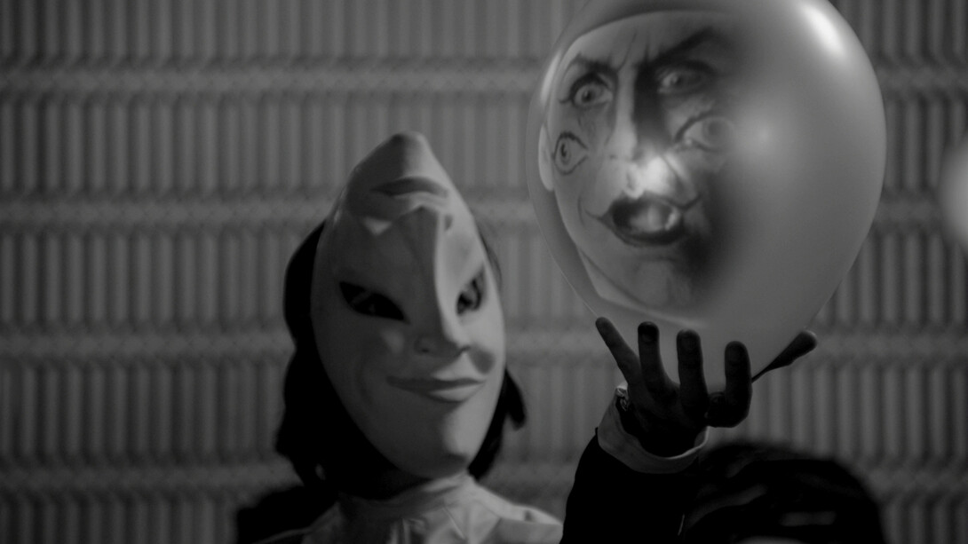 Marcel Dzama, Still for“Une danse des bouffons (or A jester’s dance)”, 2013, Video projection, 1:18 min, black and white, sound. Courtesy David Zwirner, New York/London