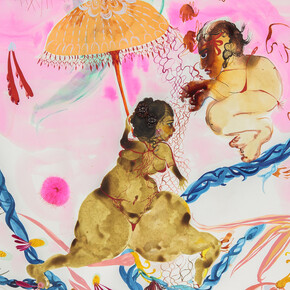 Rina Banerjee, In abstinance, in resistance like vegetarianism viewing truth to replace food, replace shame, the indecency of craving to belt desire she turned loose grew to tire and skip to her circus hour dangled on tight rope of blue wire so she was inspired, 2014, Acrylique sur papier, aquarelle Arches, 76,2 x 55,9 cm, Courtesy de l’artiste et Galerie Nathalie Obadia, Paris/Bruxelles