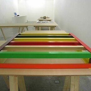 Liam Gillick, Literally Based on H.Z., 2006
Mdf, deal, water cut painted aluminium, powder coated aluminium, various transparent and opaque Plexiglas sheets, Slotted Brise Soleil detail, black Plexiglas, red Plexiglas, Dimensions variable, Collection Irish Museum of Modern Art, Purchase, 2007