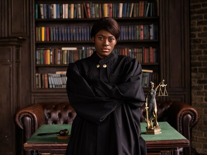 A composed judge in formal robes before symbols of justice, reflecting the foundation of legal integrity