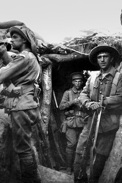 Australian infantry of the 1st Brigade occupying a captured Ottoman trench at Lone Pine, Gallipoli, on 6 August 1915. Members of the 7th Battalion of the 2nd Brigade are also visible. The Battle of Lone Pine was one of the most intense engagements of the Gallipoli Campaign during World War I, resulting in heavy casualties on both sides