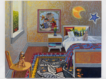 JJ Manford, Childhood Bedroom with Lava Lamp, Pluto, and Wild Things Poster, 2023. Oil stick, oil pastel, and Flashe on linen, 90 x 112 inches. Courtesy of Derek Eller Gallery