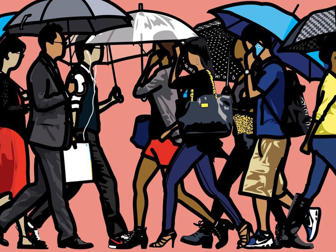Julian Opie, Walking in the rain. Seoul., 2015, Screenprint on Somerset 600 gsm paper in frames specified by the artist, Paper 150.0 x 219.5 cm/ Image 132.2 x 199.3 cm, Edition of 50, Courtesy Julian Opie and Alan Cristea Gallery, London