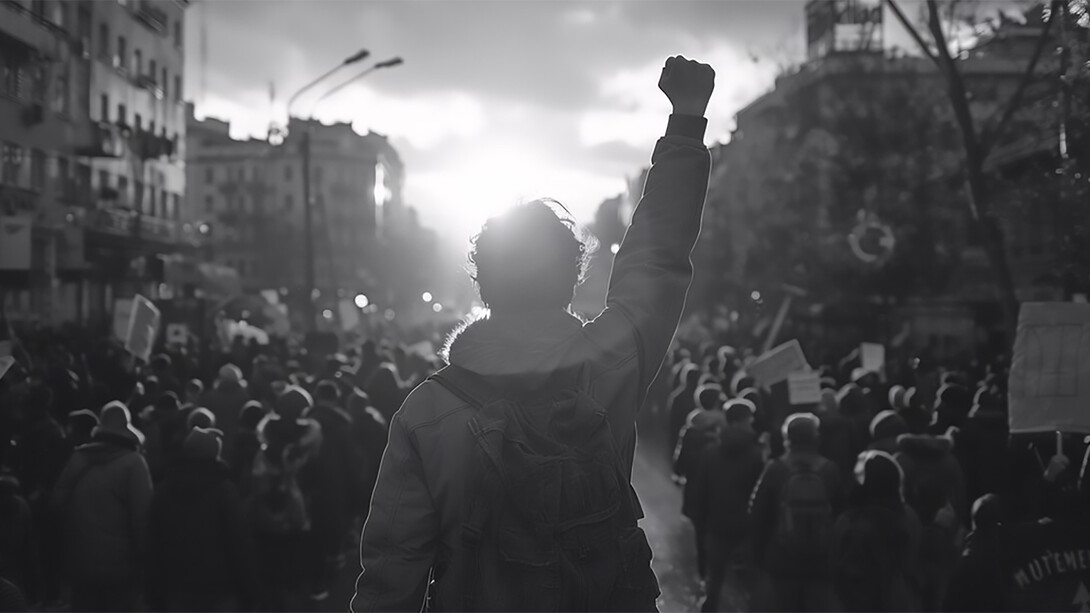 Various people participating in protests, engaging in public speeches, demonstrating political activism, voting to support democracy, and raising their hands in solidarity