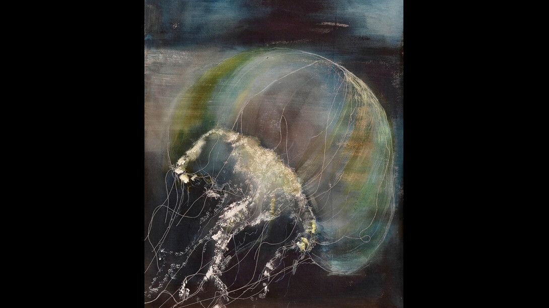 Karen Simon, Jellyfish I, thread, ink, acrylic on canvas, 20x23.5 inches. Courtesy of the artist and Lois Lambert Gallery