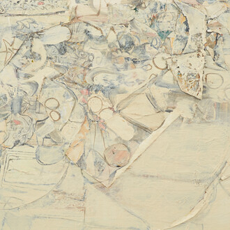 Katy Moran, Bipolar Moon (detail), 2014, Acrylic and collage on board, Framed dimensions: 17 3/8 x 20 5/8 x 2 inches (44.1 x 52.4 x 5.1 cm)© Katy Moran, courtesy of Andrea Rosen Gallery, New York