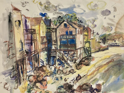 Henry Botkin, Houses by the Shore,
Watercolor on paper, 16 3/8 x 21 7/16 inches. Courtesy of the artist and Childs Gallery