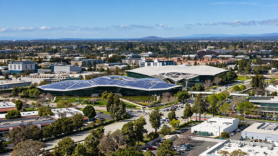 Drone view of NVIDIA’s headquarters in Santa Clara, California, USA