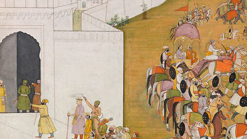 "Rama and Lakshmana Enter the City of Mithila to Perform in an Archery Contest," Illustrated folio from the “Bharany" Ramayana (The Adventures of Rama)
ca. 1780
Here, the crowned sage