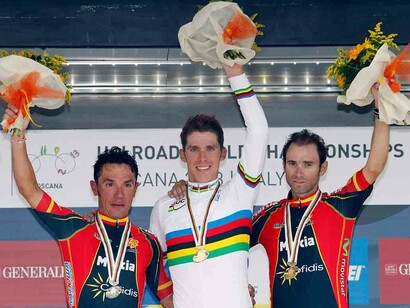 Rui Costa, Rodríguez y Valverde en el podio del mundial de Florencia en 2013
