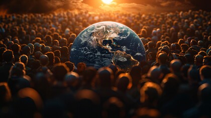 A colourful world that is surrounded by masses not paying attention to it, showing the fractured reality of our world, one with chances for increased instability