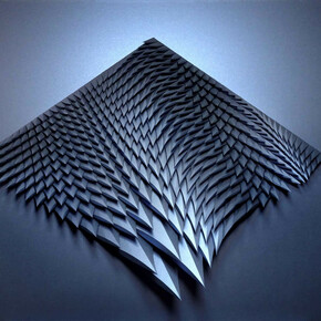 Matt Shlian, Unholy 253 now we put the river to sleep v5, 2020. Lapis iridescent paper, 28 x 37 x 4 inches. Courtesy of Heather Gaudio fine art