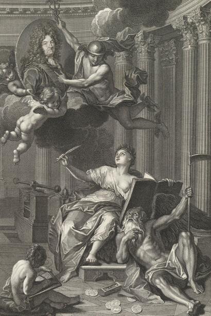 Frontspiece, Medallic History of Louis the Great
1723, Father Time lies defeated by the medallic history of Louis XIV which will last forever © The Trustees of the British Museum
