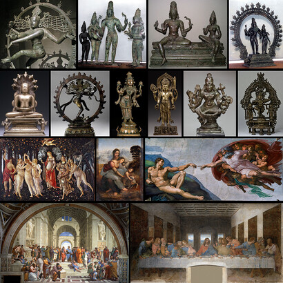 Some examples of ancient Indian bronzes (upper two rows) and few examples of Renaissance paintings (lower two rows).