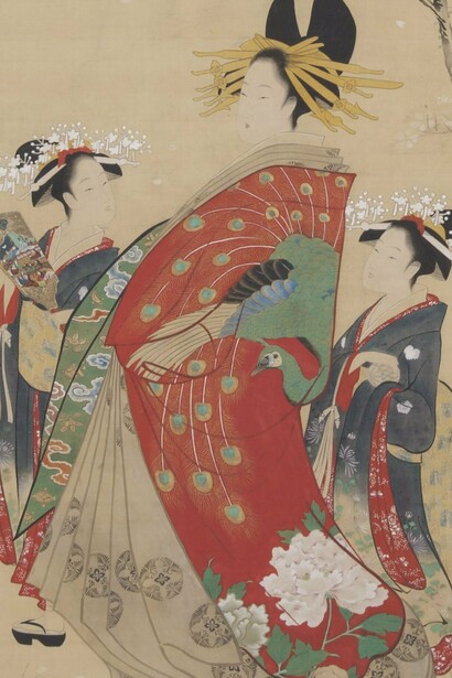 "Bella bajo flores de cerezo", tinta sobre seda, Chōbunsai Eishi, 1810