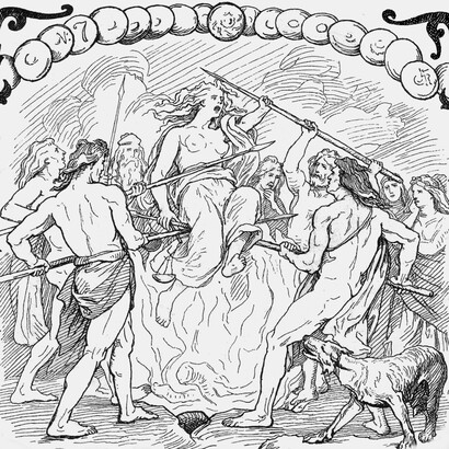 Ilustración de Lorenz Frølich publicada en Los himnos de la Edda antigua (Karl Gjellerup, 1895)