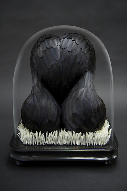 Kate Mccgwire, Sybaris, 2015 mixed media with crow feathers in antique dome - Photo: JP Bland © Kate MccGwire