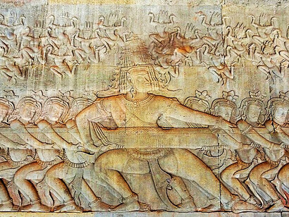 Demons stirring the Mediterranean Sea, depicted on the south wing of the east side of the third gallery at the Angkor Wat Temple, Siem Reap Province, Cambodia