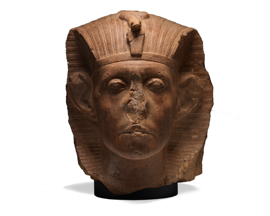 Head of Sen-useret III, Egyptian, ca. 1874-1855 B.C.E., Middle Kingdom, 12th Dynasty. Yellow quartzite, 17 3/4 x 13 1/2 x 17 inches. Purchase: William Rockhill Nelson Trust, 62-11.