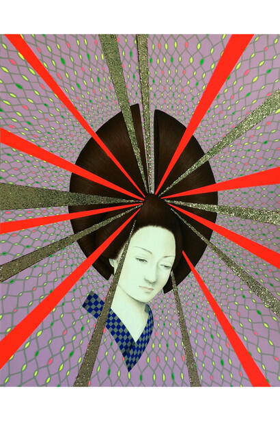 Aya Uekawa, Yoshiwara Girl (Celebrity Umbrella), 2015, Acrylic on paper and feathers on mounted wood panel, 14 x 11"