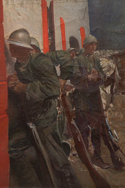 Giulio Aristide Sartorio, Sulla strada di Giavera durante il bombardamento, 1918, dettaglio. Olio su tela incollata su cartone, 57,2 x 76,6 cm. Roma, Ministero degli Affari Esteri e della Cooperazione internazionale. Foto: Marcello Leotta / Osservatorio C.S.A.