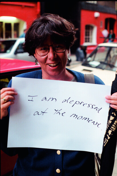 Gillian Wearing, Signs that say what you want them to say and not Signs that say what someone else wants you to say I Am Depressed At The Moment
1992-3
c-type print on aluminium
44.5 x 29.7 cm
© Gillian Wearing, courtesy Maureen Paley, London, Regen Projects, Los Angeles and Tanya Bonakdar Gallery, New York / Los Angeles