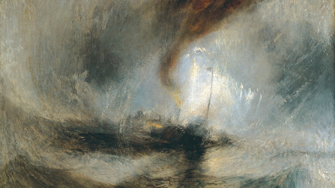 William Turner, “Snow Storm. Steam Boat off a Harbour’s Mouth Making Signals in Shallow Water and Going by the Lead. The Author Was in the Storm on the Night the Ariel Left Harwich” (“Tempesta di neve: battello a vapore al largo di un porto lancia segnali in acque basse e naviga con lo scandaglio. L'autore era nella tempesta la notte in cui l'Ariel lasciò Harwich”), dettaglio, 1842. Tate Britain, Londra, UK