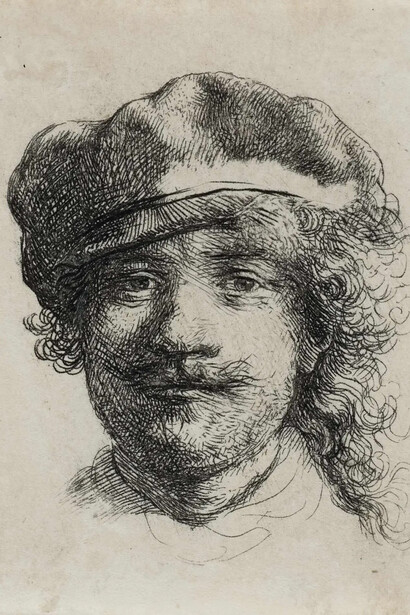 Rembrandt Harmensz. van Rijn, Head of Rembrandt with a soft cap, or Rembrandt with three moustaches, about 1634. Courtesy of Montreal Museum of Fine Arts