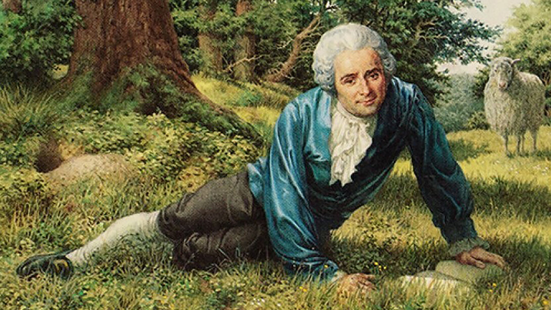 "Jean-Jacques Rousseau Resting" by Swiss artist Jean-Louis David, this painting portrays Rousseau reclining on the grass with a sheep behind him, representing his philosophical ideas about nature and simplicity