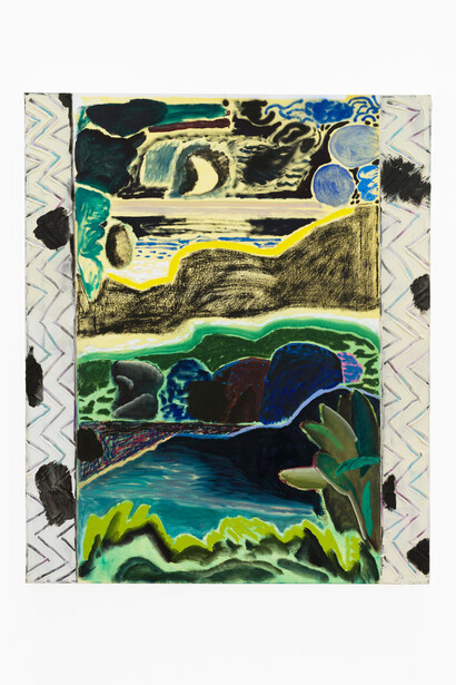 Shara Hughes, Moon Lights, 2015, Oil, enamel, acrylic spray paint on canvas, 58 x 48 inches