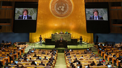 El presidente Javier Milei durante su discurso en la Asamblea de Naciones Unidas, Nueva York, Estados Unidos, 24 de septiembre de 2024