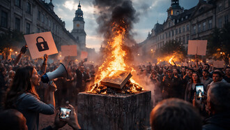A tense public protest in a European city captures the clash between free expression and growing calls for restriction, as demonstrators gather around a provocative act that has ignited widespread debate