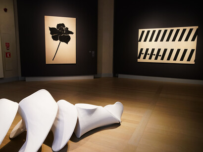 Pino Pascali, 'Ricostruzione della balena', 1966
tela tesa su centine di legno, 100 x 366 x 90 cm. Jannis Kounellis, Senza titolo (Rose), 1967