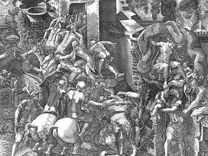 The Fall of Troy and the Escape of Aeneas, print, Giorgio Ghisi, after Giovanni Battista Scultori (MET, 53.600.994)