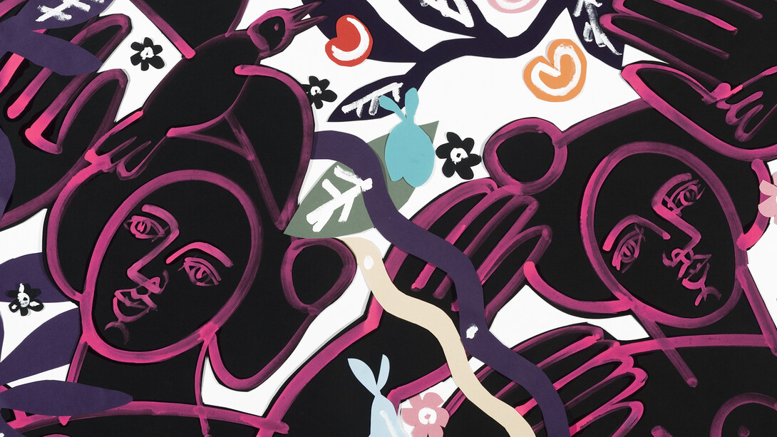 America Martin, Women Throw Fruit for Birds, Acrylic, Ink and Paper Collage, 43.5" x 83.5". Courtesy of JoAnne Artman Gallery
