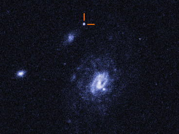 Un'immagine del telescopio spaziale Hubble che ritrae un transitorio ottico blu veloce e luminoso (LFBOT), denominato AT2023fhn e indicato dai puntatori. NASA, ESA, STScI, Ashley Chrimes (ESA-ESTEC/Radboud University)