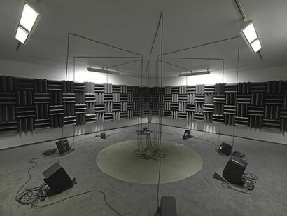Haroon Mirza, Adam, Eve, Others and a UFO, 2013, Installation view: Lisson Gallery, 2013. Active speakers, UFO circuit, microphone cables, foam, 2 x glass vases, carpet. Courtesy the artist and Lisson Gallery