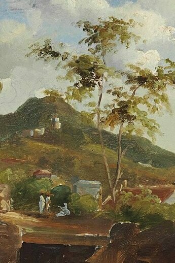 Camille Pisarro, "Pueblo al pie de una colina", óleo sobre lienzo, 1854-55