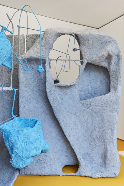 Detail of Roost, 2018. Steel, mesh, chicken wire, newspapers, glue, plaster, paint, 228 x 170 x 160 cm. Credit: Corey Bartle- Sanderson