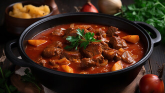 Goulash soup on display, accompanied by fresh tomatoes and onions