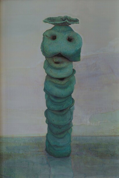 Oscar Giaconia, U.P.D. Calabiyau, 2019, acrilico, ossidi, gelatina di maiale, leganti proteici, pastello, verde rame su fibra cellulosica alla gelatina plasticizzata in teca di nylon, 97 x 67.5 cm, foto Roberto Ferro. Courtesy the artist and Monitor Rome, Lisbon, Pereto